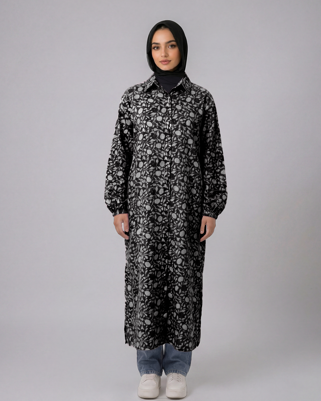 Flowery Long Shirt in Black and white