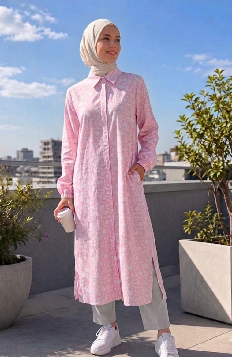Flowery Long Shirt in pink and white - Over Size