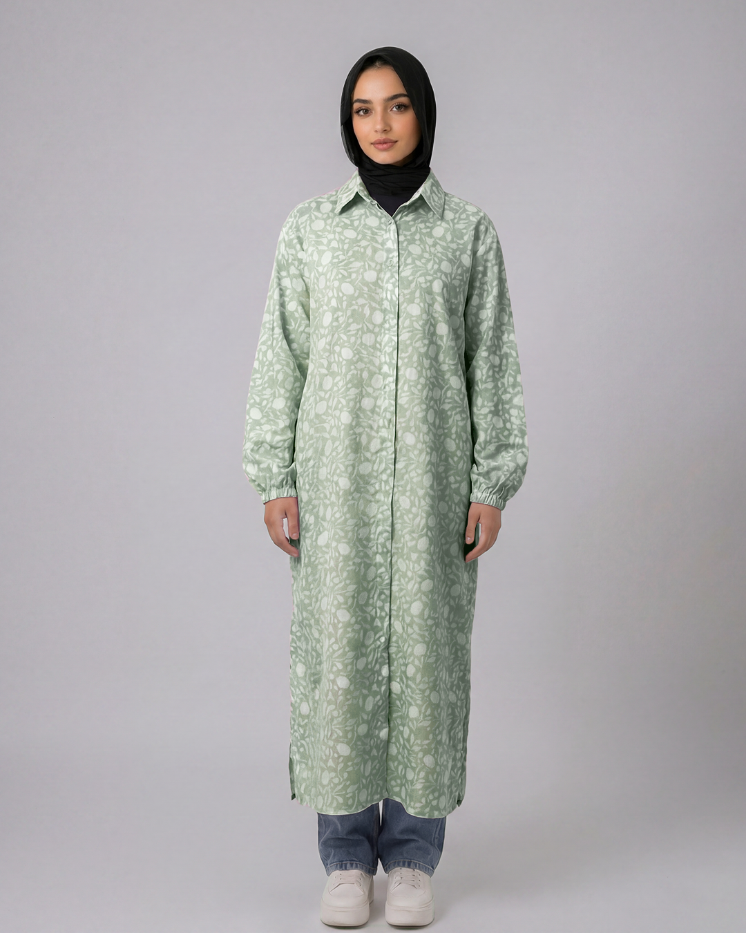Flowery Long Shirt in Mint and white